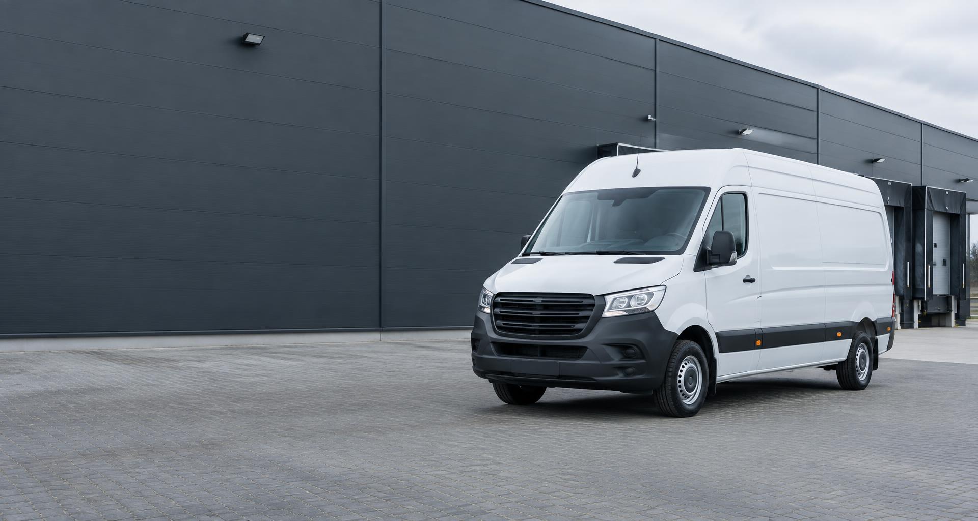 Weißer Transporter vor einer Logistikhalle